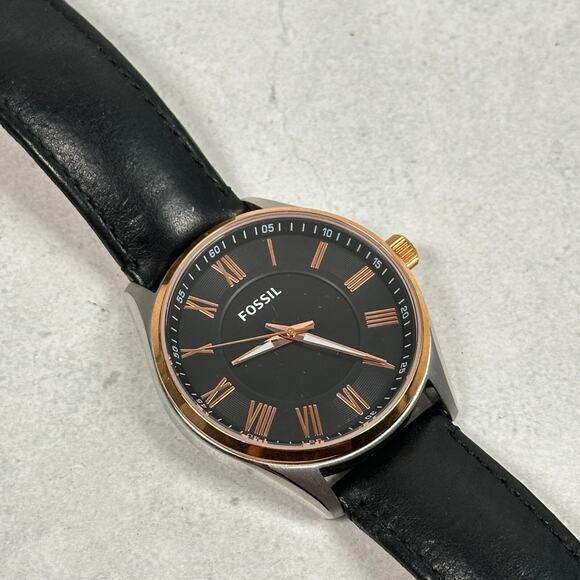 Fossil Watch Mens 42mm Round Two Tone Black Dial Band Leather Quartz New Battery - Picture 1 of 11